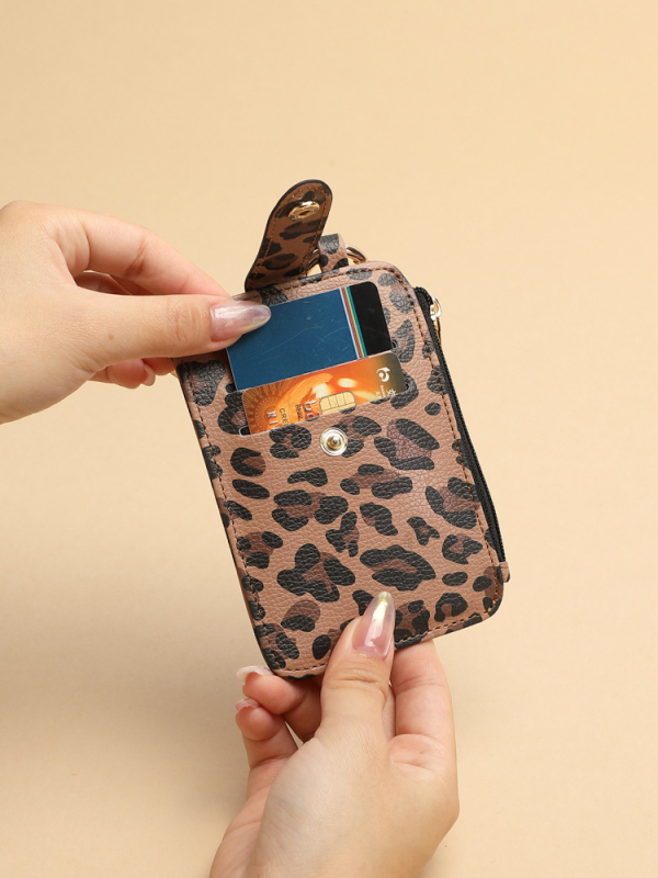Portcard din PU, imprimeu leopard și buzunar cu fermoar pentru monede — Unisex, căptușeală poliester, lansare toamnă 2025