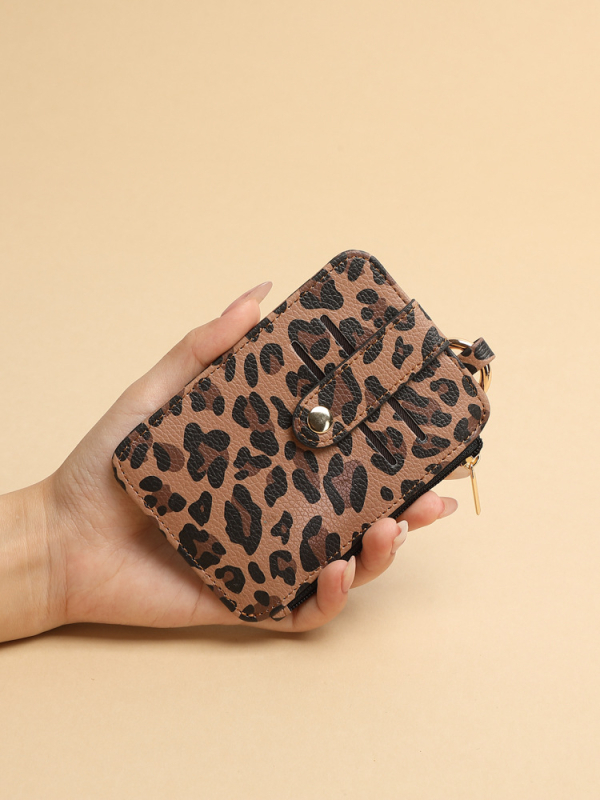Portcard din PU, imprimeu leopard și buzunar cu fermoar pentru monede — Unisex, căptușeală poliester, lansare toamnă 2025