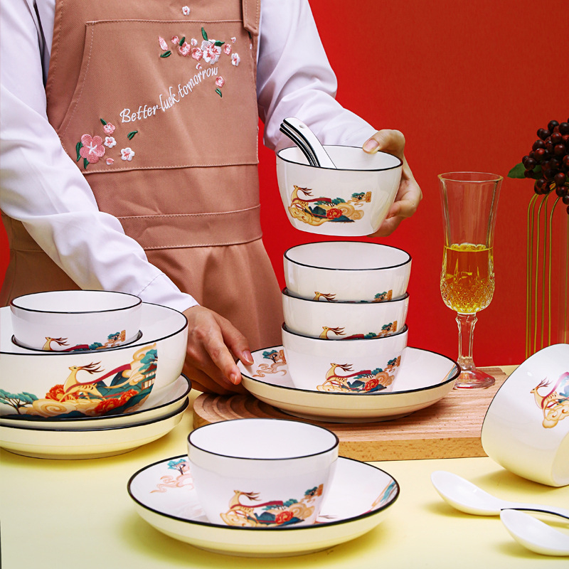 Porcelanski set zdjela, četvrtasti oblik, karikatura uzorak, Novi kineski stil, Shite Ceramics