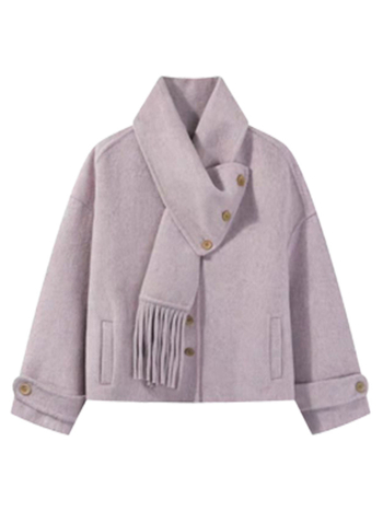 Женско вълнено палто с яка-шал, свободен силует, солиден модел, средна дебелина, дълги ръкави, дължина 50–65 см