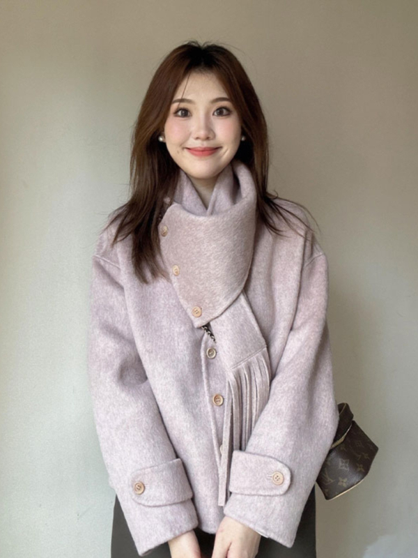 Женско вълнено палто с яка-шал, свободен силует, солиден модел, средна дебелина, дълги ръкави, дължина 50–65 см