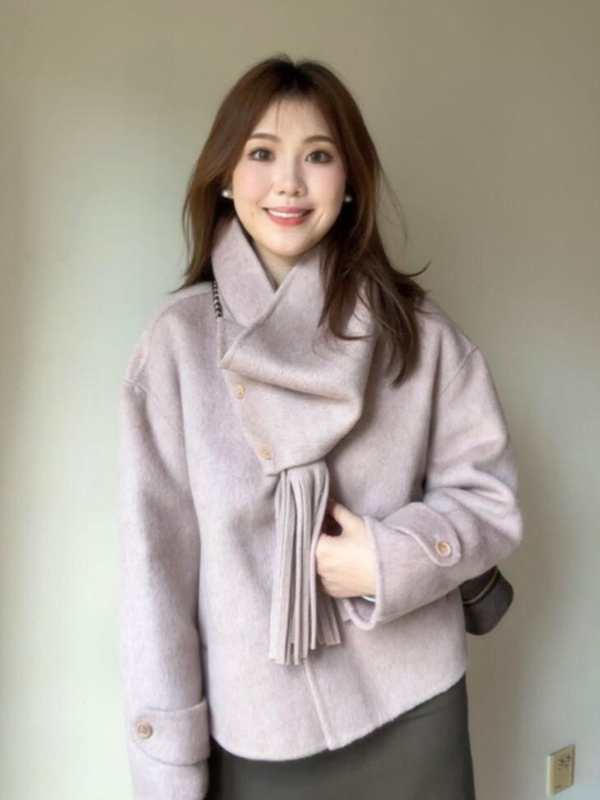 Женско вълнено палто с яка-шал, свободен силует, солиден модел, средна дебелина, дълги ръкави, дължина 50–65 см