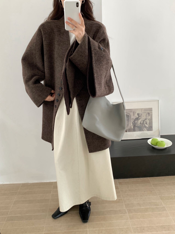 Ženski vuneni kaput srednje duljine sa šalom i ovratnikom, debeli kroj, Raglan rukavi, jednostruko kopčanje, korejski stil, jesen-zima 2025