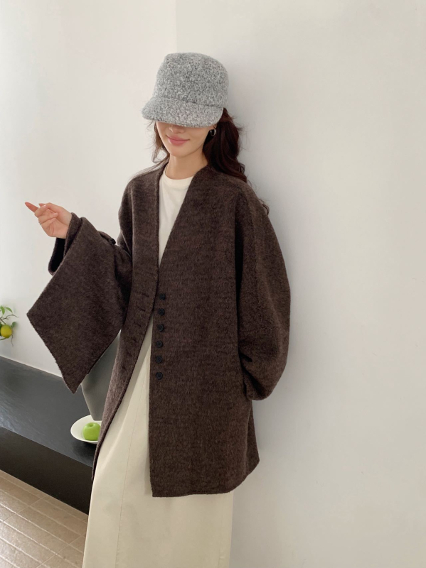 Ženski vuneni kaput srednje duljine sa šalom i ovratnikom, debeli kroj, Raglan rukavi, jednostruko kopčanje, korejski stil, jesen-zima 2025