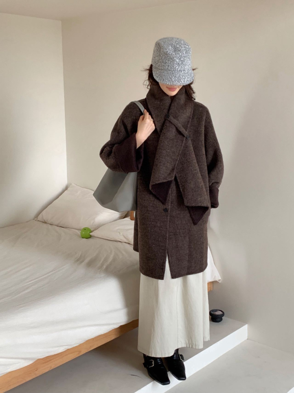 Ženski vuneni kaput srednje duljine sa šalom i ovratnikom, debeli kroj, Raglan rukavi, jednostruko kopčanje, korejski stil, jesen-zima 2025