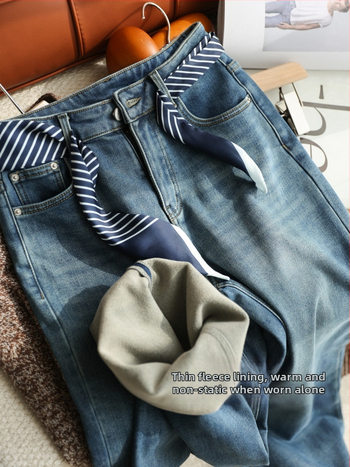 Moteriški plačių kelnių džinsai su veliūro vidumi, aukštas liemuo, tankus audinys, medvilnės/polietilenerio mišinys, mikroelastika, japoniškai-korejiškas laisvalaikio stilius, žiema 2025