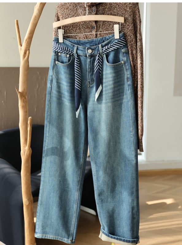 Ženske široke hlače od džinsa s velurom podstavom, visokim pojasom, gusti materijal, pamuk-poliester mješavina, mikroelastičnost, japansko-korejski ležerni stil, zima 2025