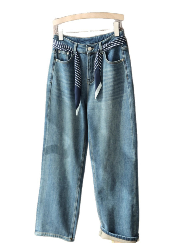 Ženske široke hlače od džinsa s velurom podstavom, visokim pojasom, gusti materijal, pamuk-poliester mješavina, mikroelastičnost, japansko-korejski ležerni stil, zima 2025