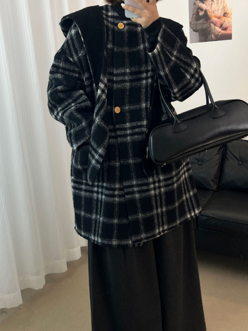 Ženski dvostrani vuneni kaput s kapuljom, karirani uzorak, opuštena silueta, srednja duljina