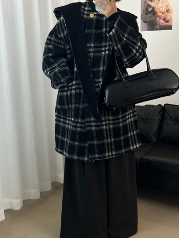 Ženski dvostrani vuneni kaput s kapuljom, karirani uzorak, opuštena silueta, srednja duljina