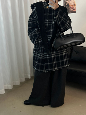 Ženski dvostrani vuneni kaput s kapuljom, karirani uzorak, opuštena silueta, srednja duljina