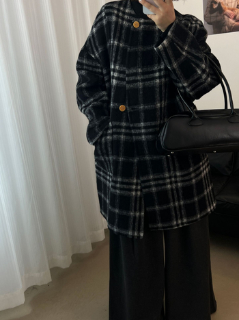 Ženski dvostrani vuneni kaput s kapuljom, karirani uzorak, opuštena silueta, srednja duljina