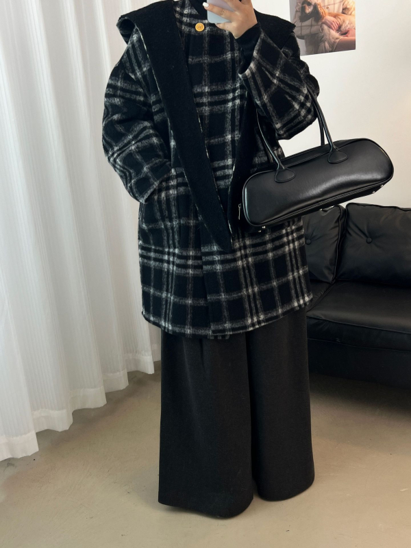 Ženski dvostrani vuneni kaput s kapuljom, karirani uzorak, opuštena silueta, srednja duljina