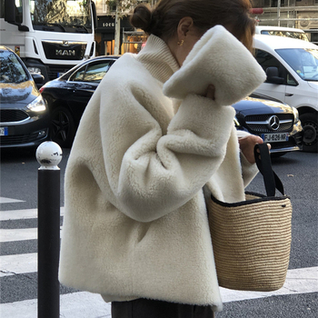 Korejski stil debeli vuneni shearling kratka jakna s džepovima, Raglan rukavi