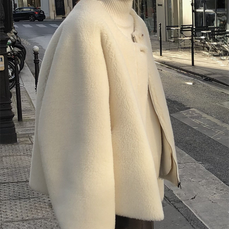 Korejski stil debeli vuneni shearling kratka jakna s džepovima, Raglan rukavi