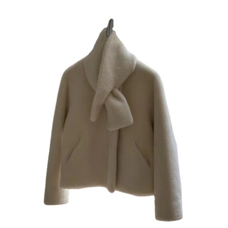 Korejski stil debeli vuneni shearling kratka jakna s džepovima, Raglan rukavi