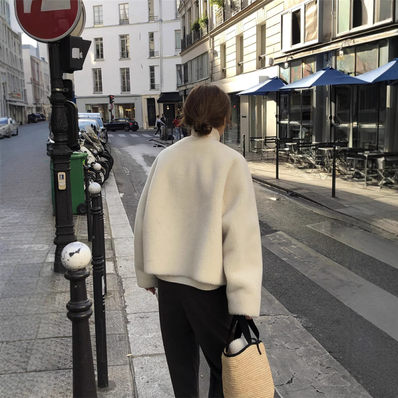 Korejski stil debeli vuneni shearling kratka jakna s džepovima, Raglan rukavi