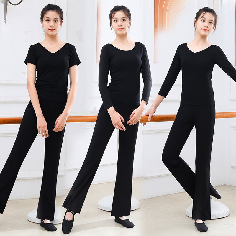 Γυναικείος σετ χορού δύο τεμαχίων: τοπ + παντελόνια με ίσια γραμμή και μικρο-φλέρ, ύφασμα modal‑βαμβάκι (95% βαμβάκι) με επένδυση από βαμβάκι (95%); Καλοκαίρι-Άνοιξη, για σκηνή και μπαλέτο