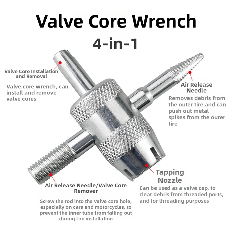 Record Work 4-in-1 riepu ventila rīks ar ventila korpusa noņemšanas atslēgu – 45# tērauds, svars 19 g