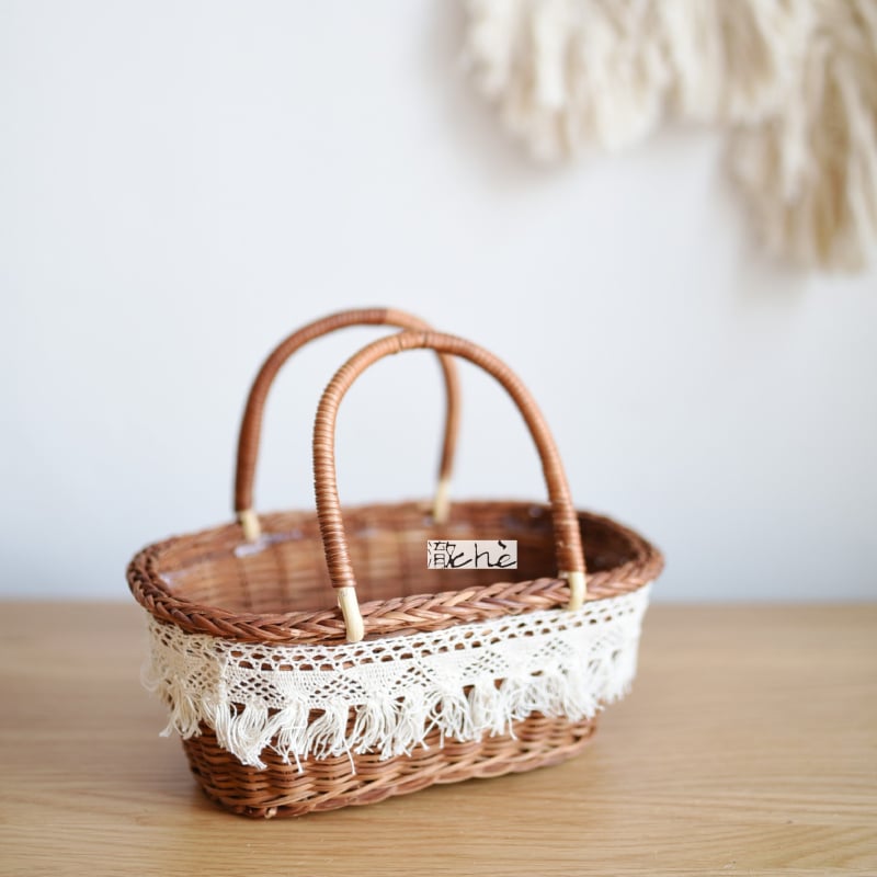 Košara od vrbine slame – japanskog stila, ručno pleteni, rub s resicama i čipkom, za cvijeće i voće, rekvizit za fotografiranje