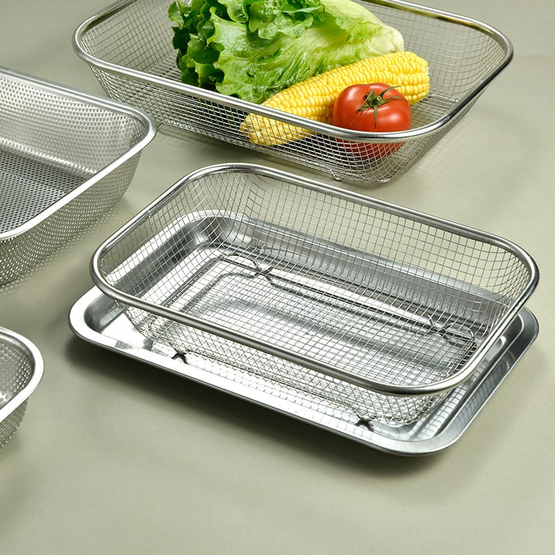 Ορθογώνιος κάδος αποστράγγισης από ανοξείδωτο ατσάλι για την κουζίνα – δίχτυς για φρούτα και λαχανικά, απλό στυλ