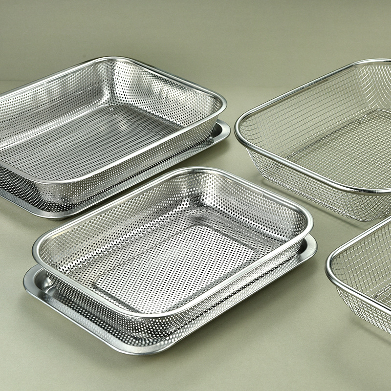 Ορθογώνιος κάδος αποστράγγισης από ανοξείδωτο ατσάλι για την κουζίνα – δίχτυς για φρούτα και λαχανικά, απλό στυλ