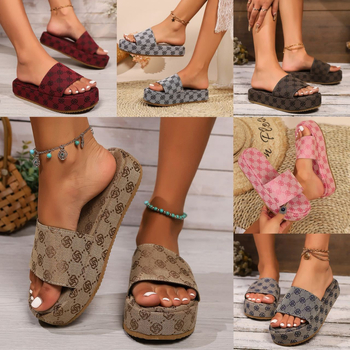 Дамски чехли на платформа, платнена горна част, кръгъл нос, EVA подметка, PU подплата, лято 2024