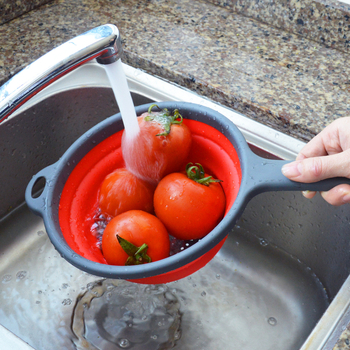 Αναδιπλόμενος κάδος στράγγισης με μακριά λαβή για φρούτα και λαχανικά, πλαστικός, κυκλικός σχεδιασμός, λειτουργία φιλτραρίσματος νερού