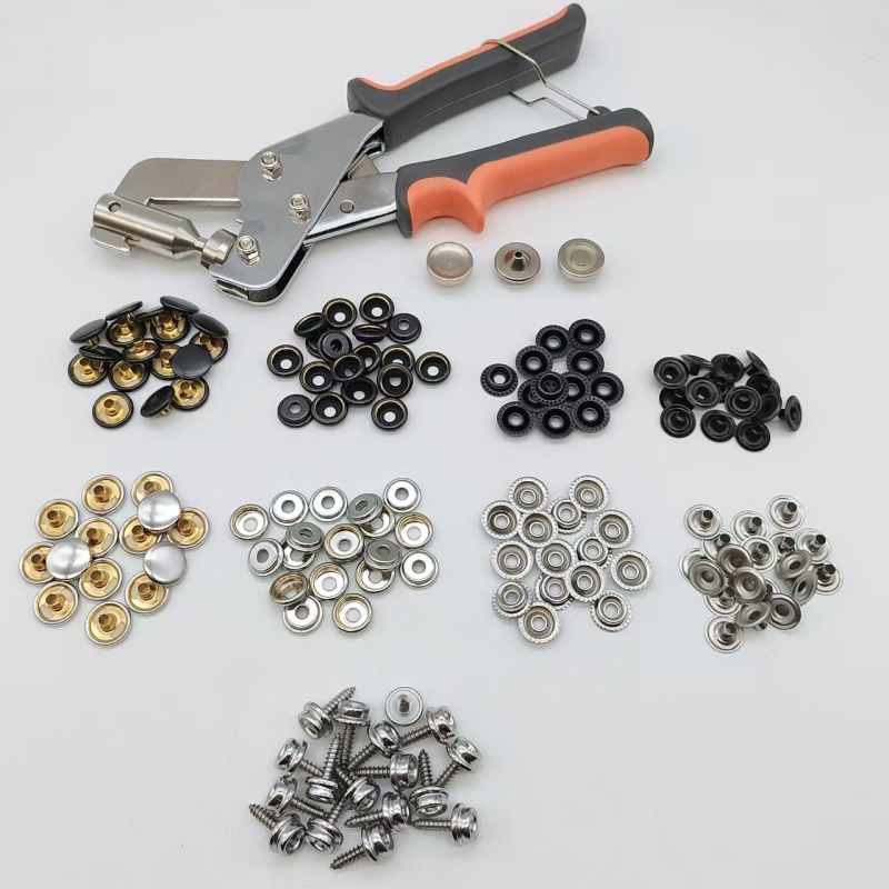 Set alata za ugradnju gumba s ručnim kliještama za pritiskanje, bakreni gumbi za platno, nehrđajući čelični vijci, velike bijele kopče