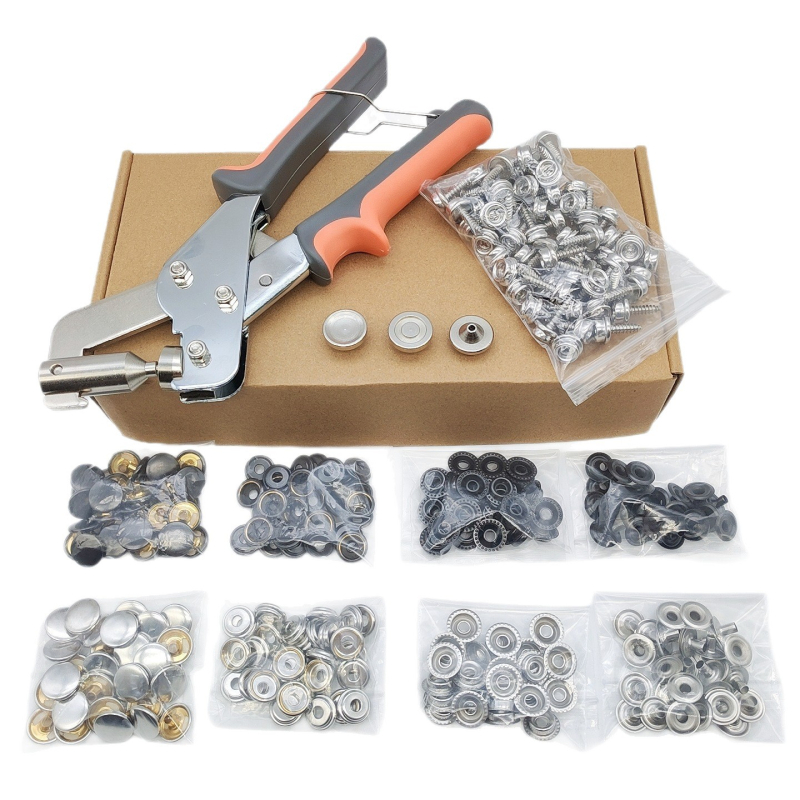 Set alata za ugradnju gumba s ručnim kliještama za pritiskanje, bakreni gumbi za platno, nehrđajući čelični vijci, velike bijele kopče