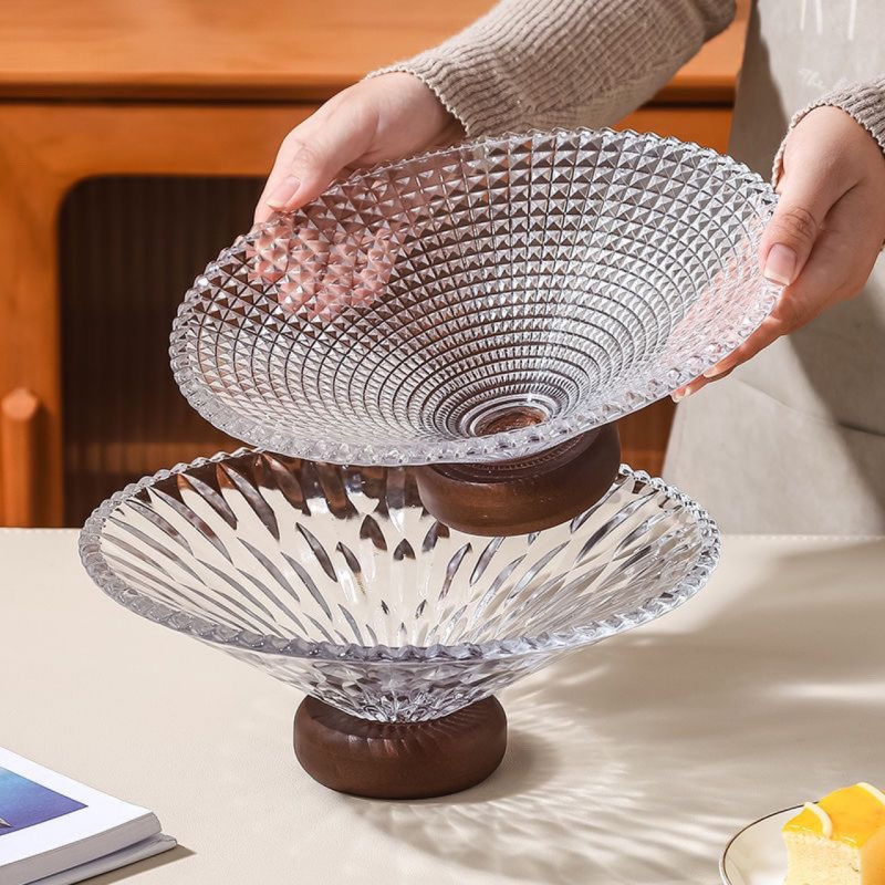 Francia stílusú üveg gyümölcstál a nappaliba, gyümölcsök, édességek és nassolni valók tárolására, aszalt gyümölcsök kiállítása, márka Happy family