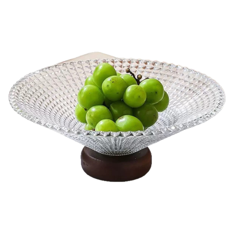Francia stílusú üveg gyümölcstál a nappaliba, gyümölcsök, édességek és nassolni valók tárolására, aszalt gyümölcsök kiállítása, márka Happy family