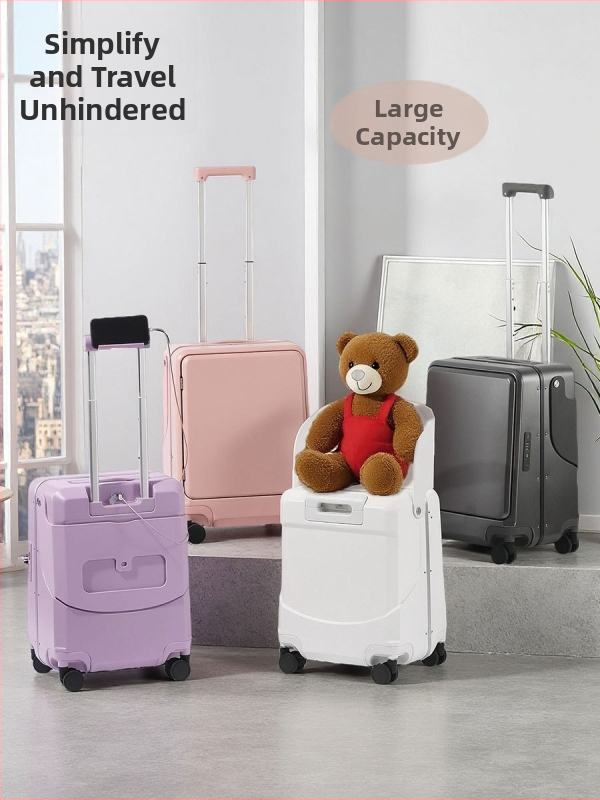 Detská cestovná batožina s predným otvorením a funkciou sedenia, PC škrupina, TSA kombinovaný zámok, USB port, RFID blokovanie