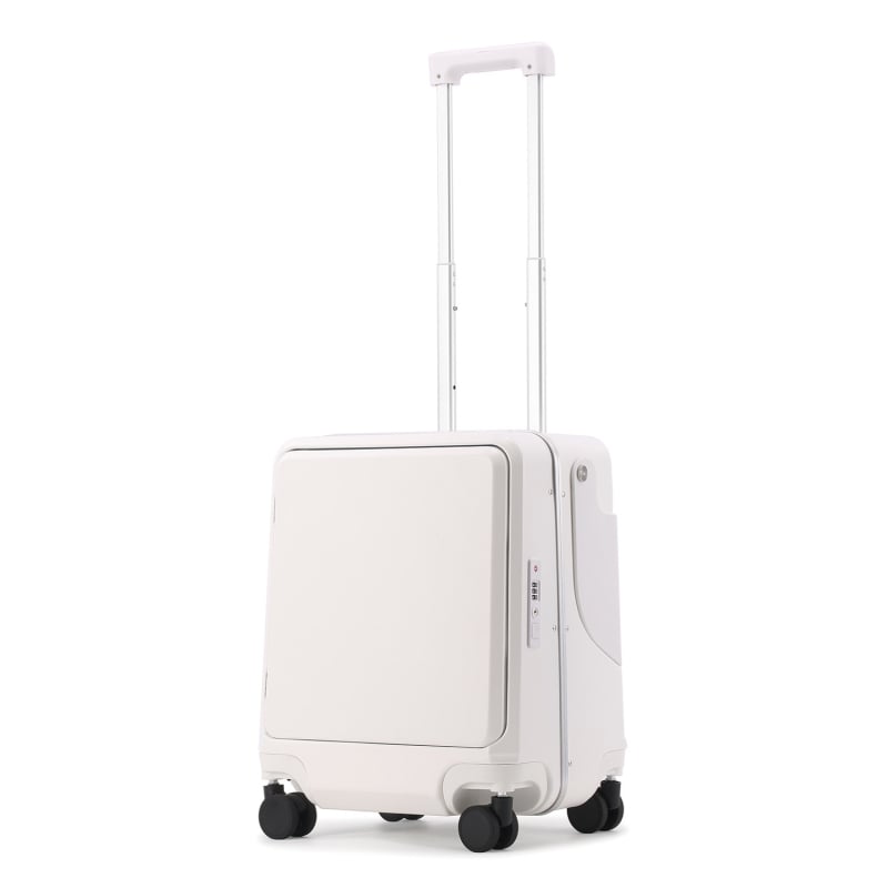 Gyermekeknek szóló utazótáska előlről nyíló kialakítással és ülőfunkcióval, PC külső, TSA kombinációs zár, USB-port, RFID védelem