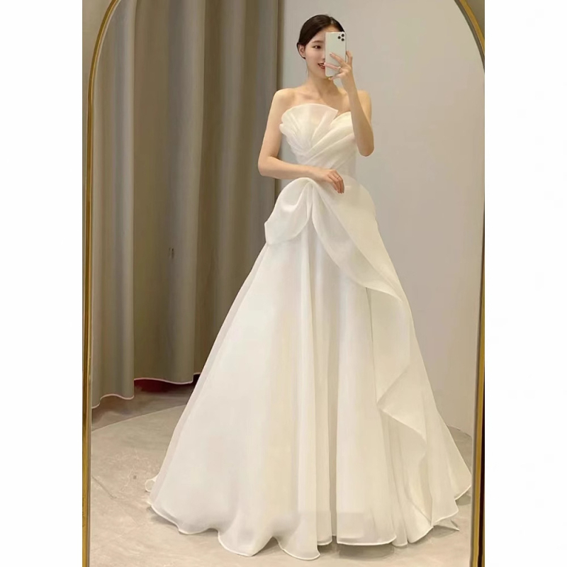 Rochie de mireasă fără bretele, lungă, fără mâneci, talie înaltă, material poliester 30-50%