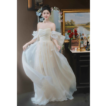 Vjenčana haljina bez ramena s visokim strukom, duga suknja, princeskina drapiranje, inspirirana šumom, od poliestera – Zima 2024