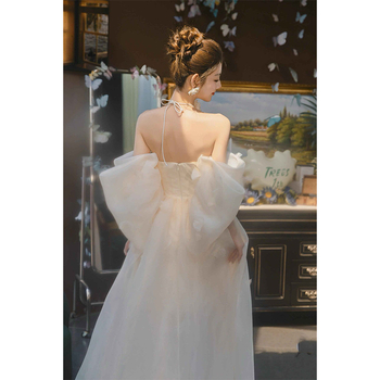 Vjenčana haljina bez ramena s visokim strukom, duga suknja, princeskina drapiranje, inspirirana šumom, od poliestera – Zima 2024