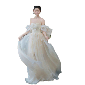 Vjenčana haljina bez ramena s visokim strukom, duga suknja, princeskina drapiranje, inspirirana šumom, od poliestera – Zima 2024