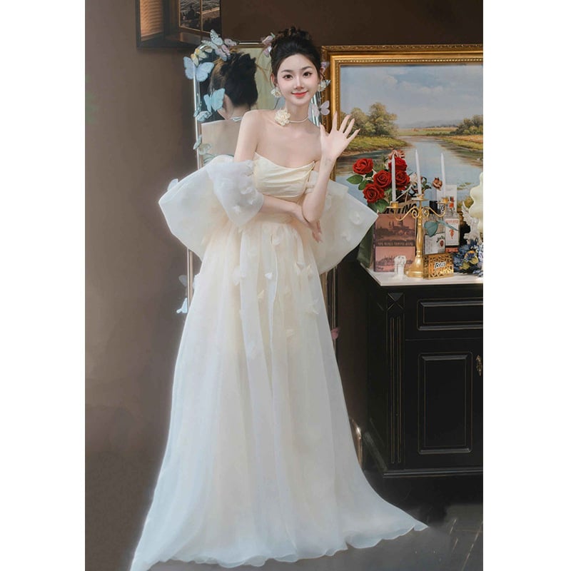 Vjenčana haljina bez ramena s visokim strukom, duga suknja, princeskina drapiranje, inspirirana šumom, od poliestera – Zima 2024