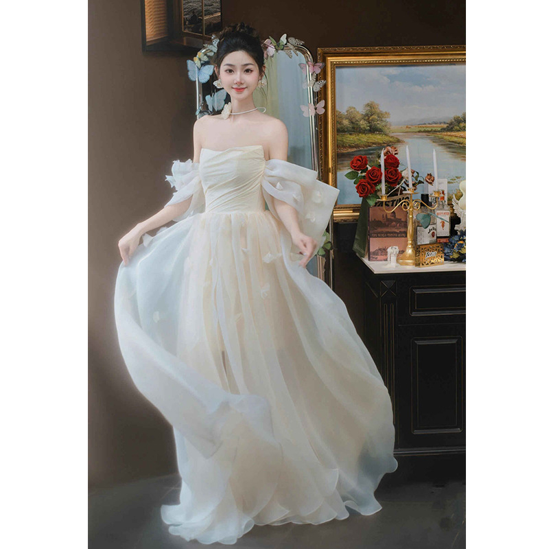 Vjenčana haljina bez ramena s visokim strukom, duga suknja, princeskina drapiranje, inspirirana šumom, od poliestera – Zima 2024