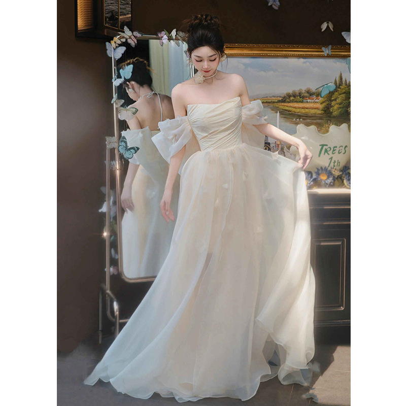 Vjenčana haljina bez ramena s visokim strukom, duga suknja, princeskina drapiranje, inspirirana šumom, od poliestera – Zima 2024