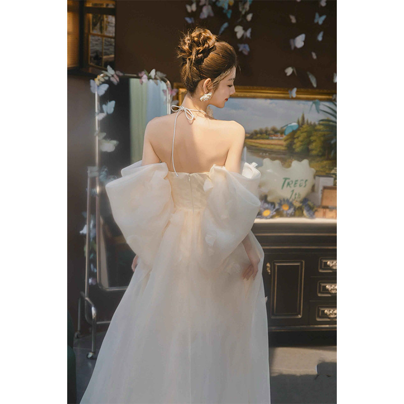 Vjenčana haljina bez ramena s visokim strukom, duga suknja, princeskina drapiranje, inspirirana šumom, od poliestera – Zima 2024