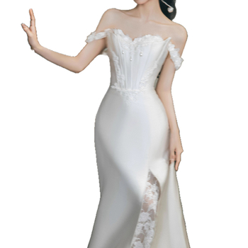 Vjenčana haljina s jednim ramenom, lagana, visokim strukom, duga suknja, rukavi princeze, poliesterska mješavina