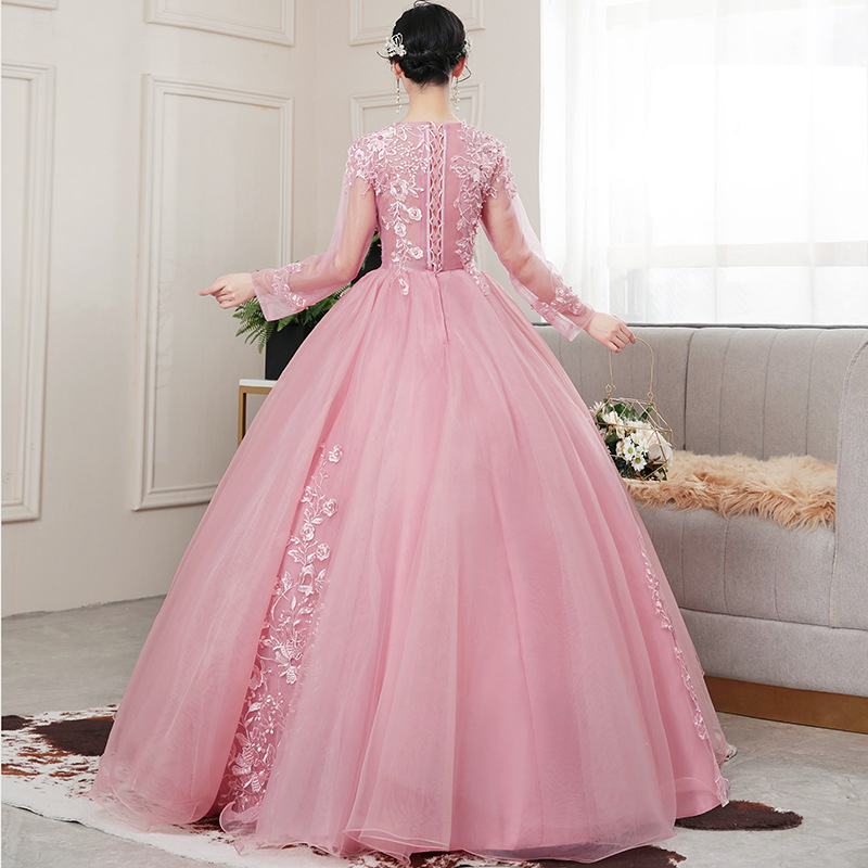 Rochie de scenă pentru spectacole, mâneci lungi, talie înaltă și fustă lungă din poliester