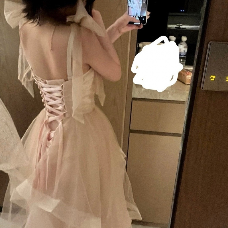 Elegantna večernja haljina za žene, mrežasti materijal, visok struk, Feifei rukavi, duga suknja, glavna tkanina 95%+