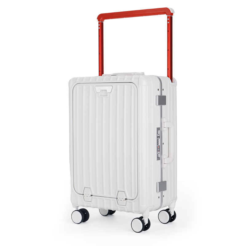 Előnyílású utazótáska PC-konstrukcióval és alumínium váz, TSA-zár, USB-port, kapacitás 20–35 L.