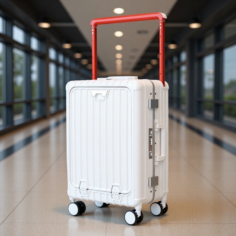 Előnyílású utazótáska PC-konstrukcióval és alumínium váz, TSA-zár, USB-port, kapacitás 20–35 L.
