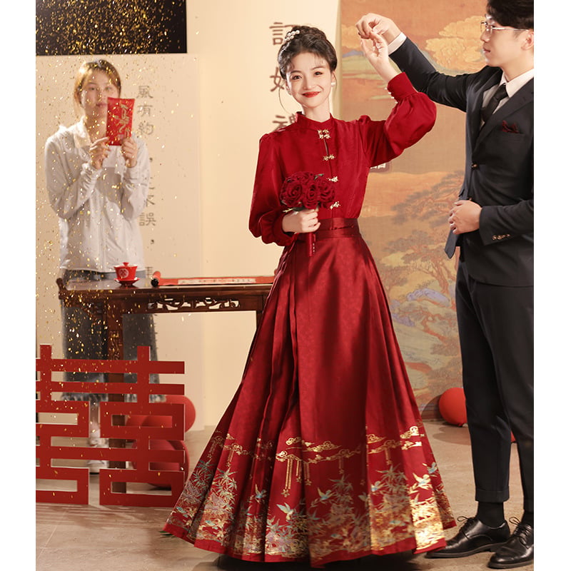 Crvena svadbena cheongsam haljina s Mamian suknjom, visok struk, dugi lampionski rukavi, duga suknja, poliester