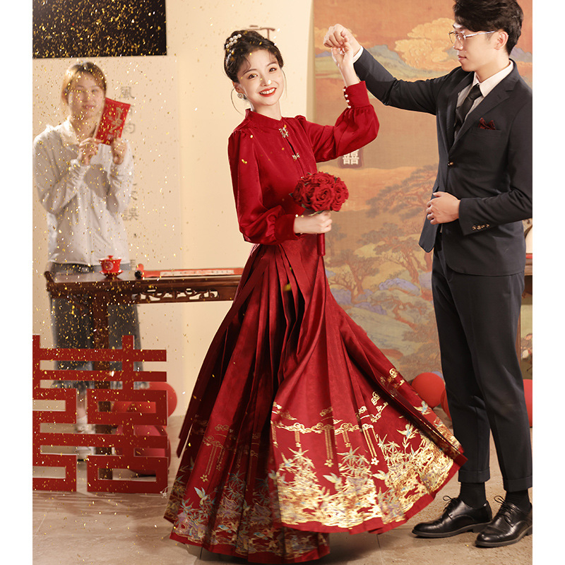 Crvena svadbena cheongsam haljina s Mamian suknjom, visok struk, dugi lampionski rukavi, duga suknja, poliester