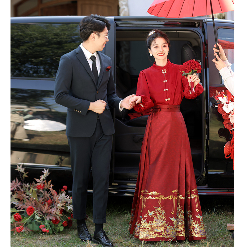 Crvena svadbena cheongsam haljina s Mamian suknjom, visok struk, dugi lampionski rukavi, duga suknja, poliester
